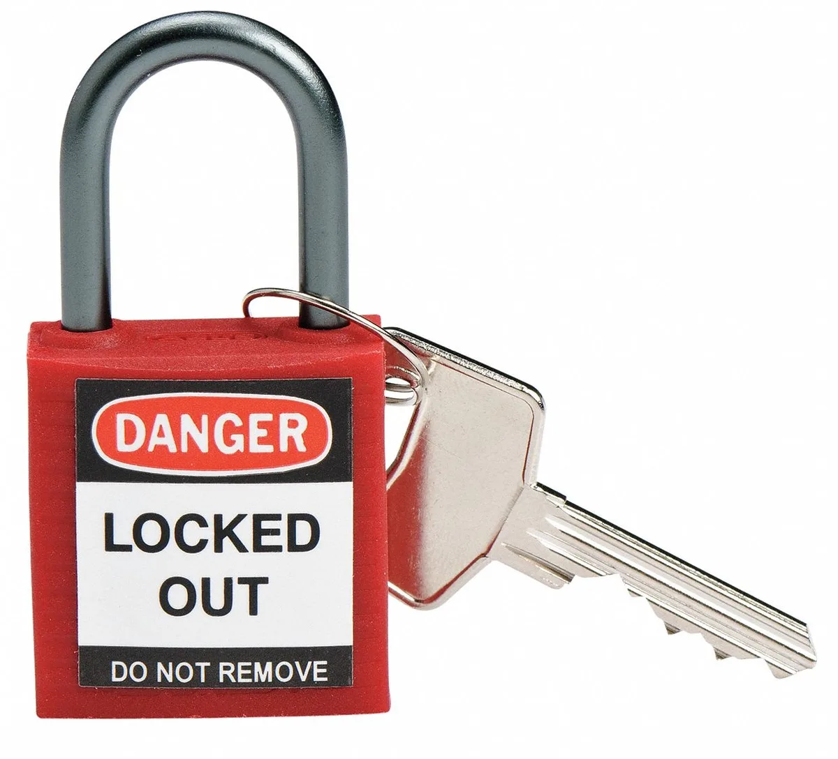 Red thermoplastic lockout padlock with aluminum shackle, keyed alike, pack of six