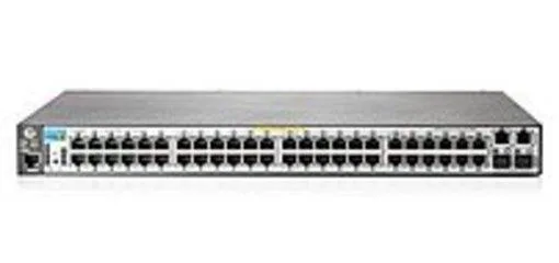 Silver rack-mountable network switch with 48 front ports