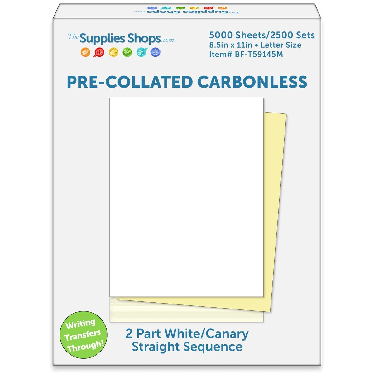 Carton of 5000 white and canary carbonless sheets, pre-collated straight sequence
