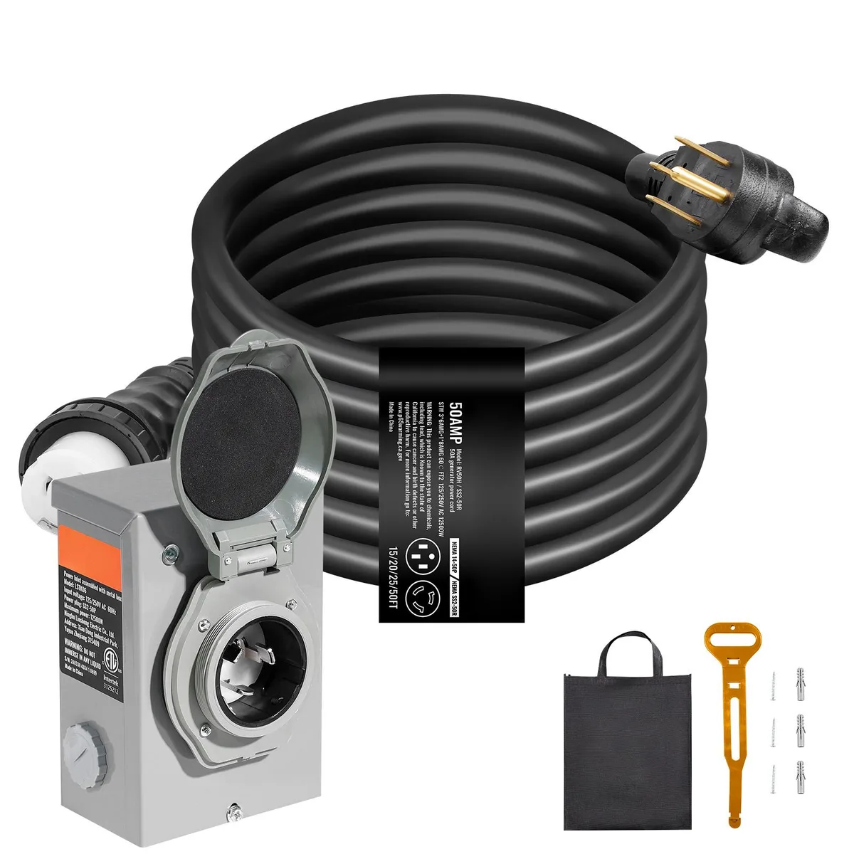 VEVOR VEVOR 50A Generator Cord &amp; Inlet Box Kit 15FT NEMA 14-50P/SS2-50R STW 6/3+8/1 AWG — product photo