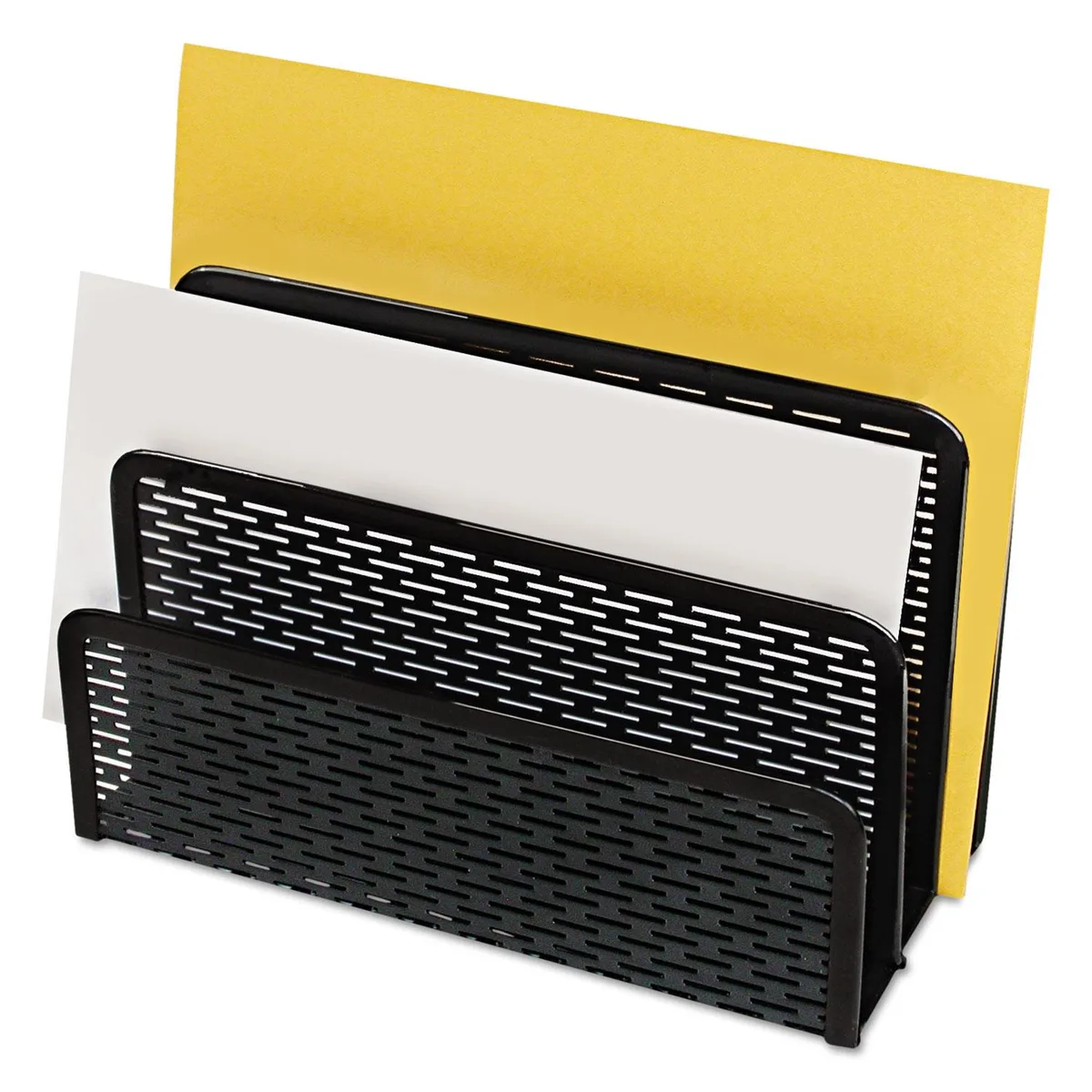 Punched metal letter sorter with slotted pattern and three compartments