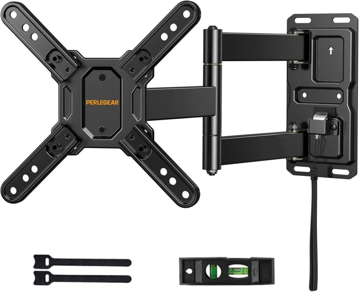 Black steel RV TV mount with articulated arm and pull-cord lock