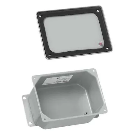 Gray carbon-steel wall-mount electrical enclosure with screw-on solid cover and external brackets