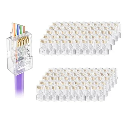 Clear plastic RJ45 pass-through connectors in a storage can, 100 pieces