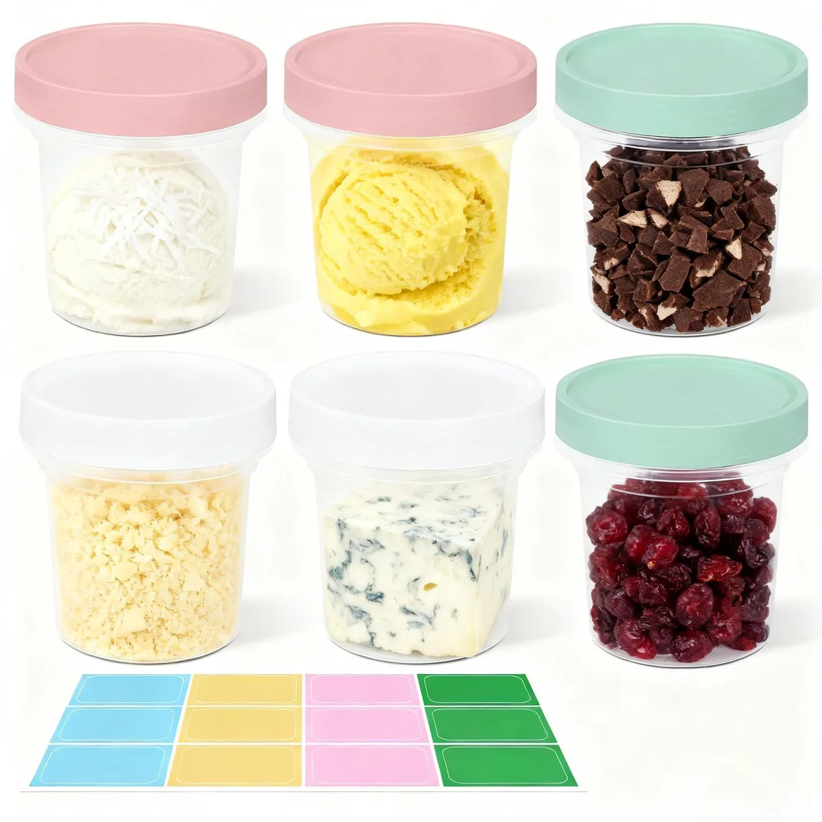 Six small red plastic containers with twist-top lids, 3.4oz each