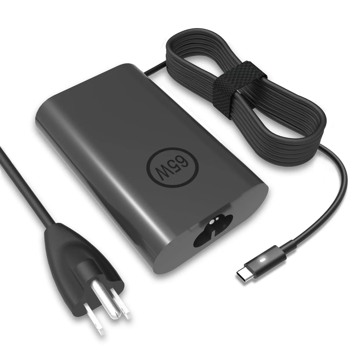 Compact black USB-C laptop charger with detachable cable