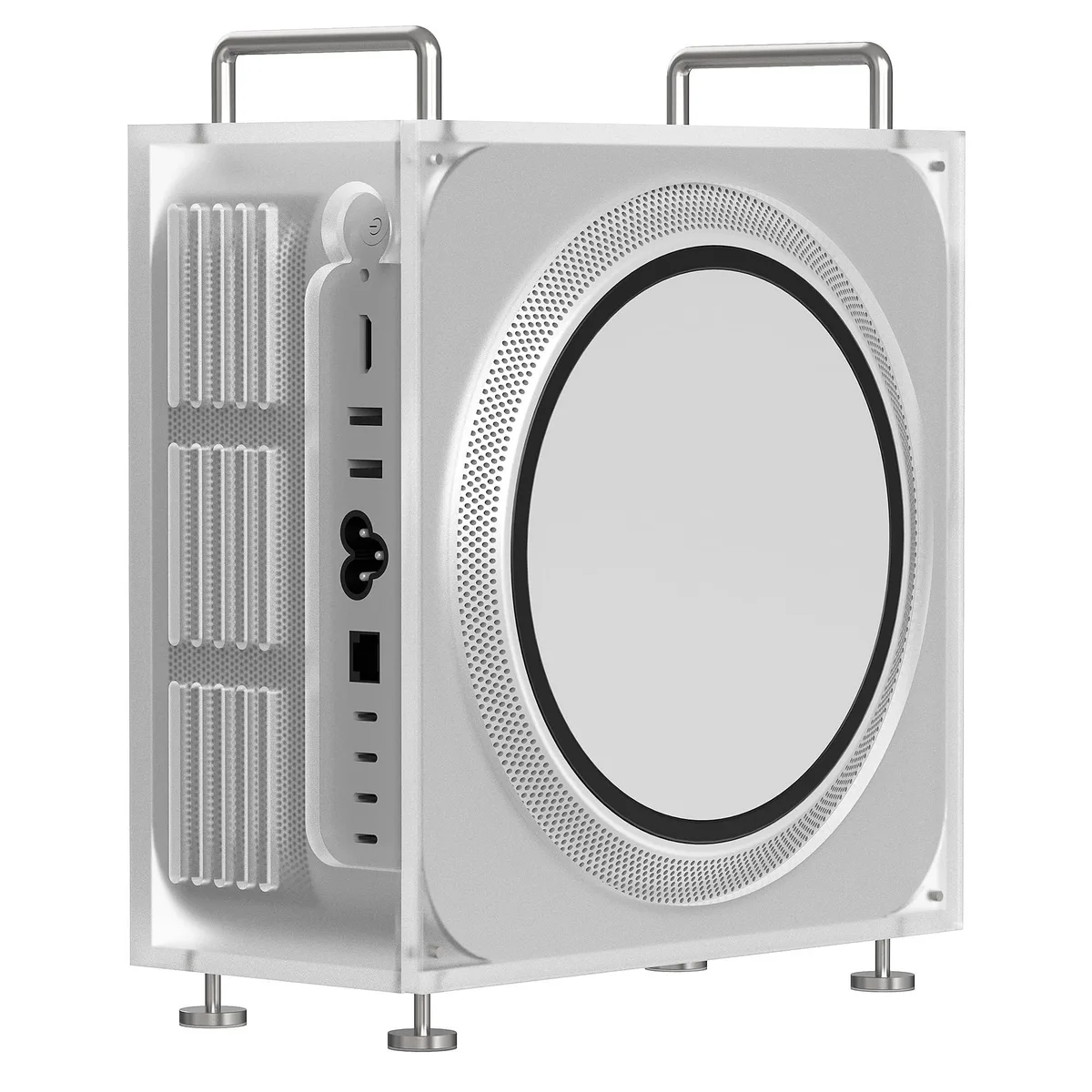 Frosted acrylic vertical stand for Mac Studio, magnetic clamshell design, non-slip base, power button cutout