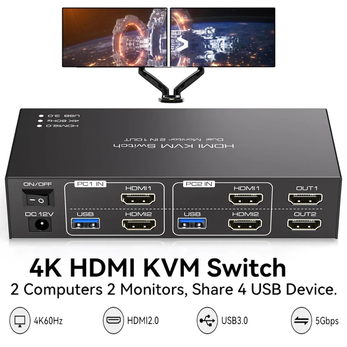 WRIARICH WRIARICH SW220 Dual Monitor KVM Switch 2×2 4K@60Hz USB 3.0 — product photo