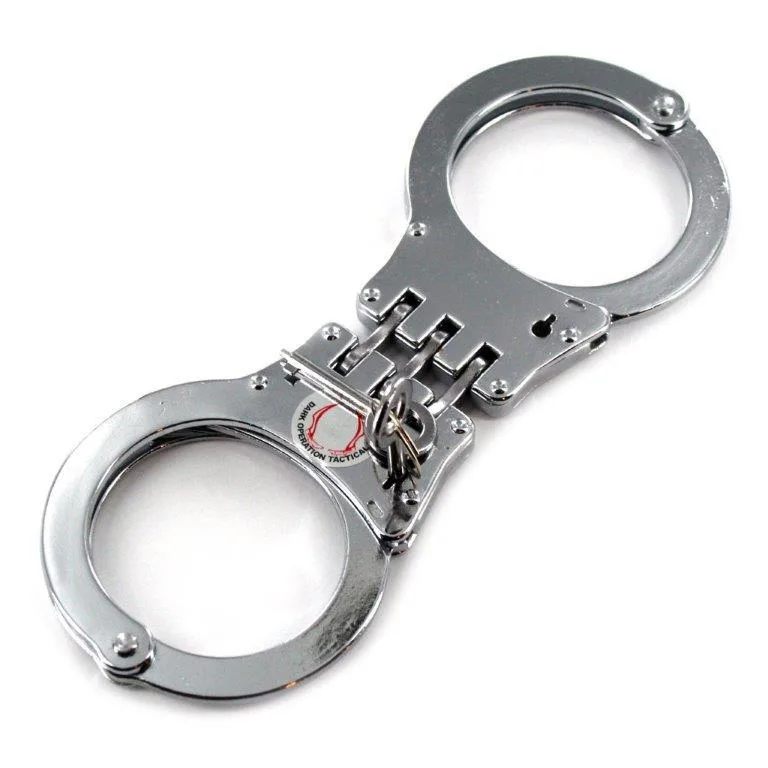 Pair of nickel-plated steel handcuffs with three hinges and double-lock mechanism
