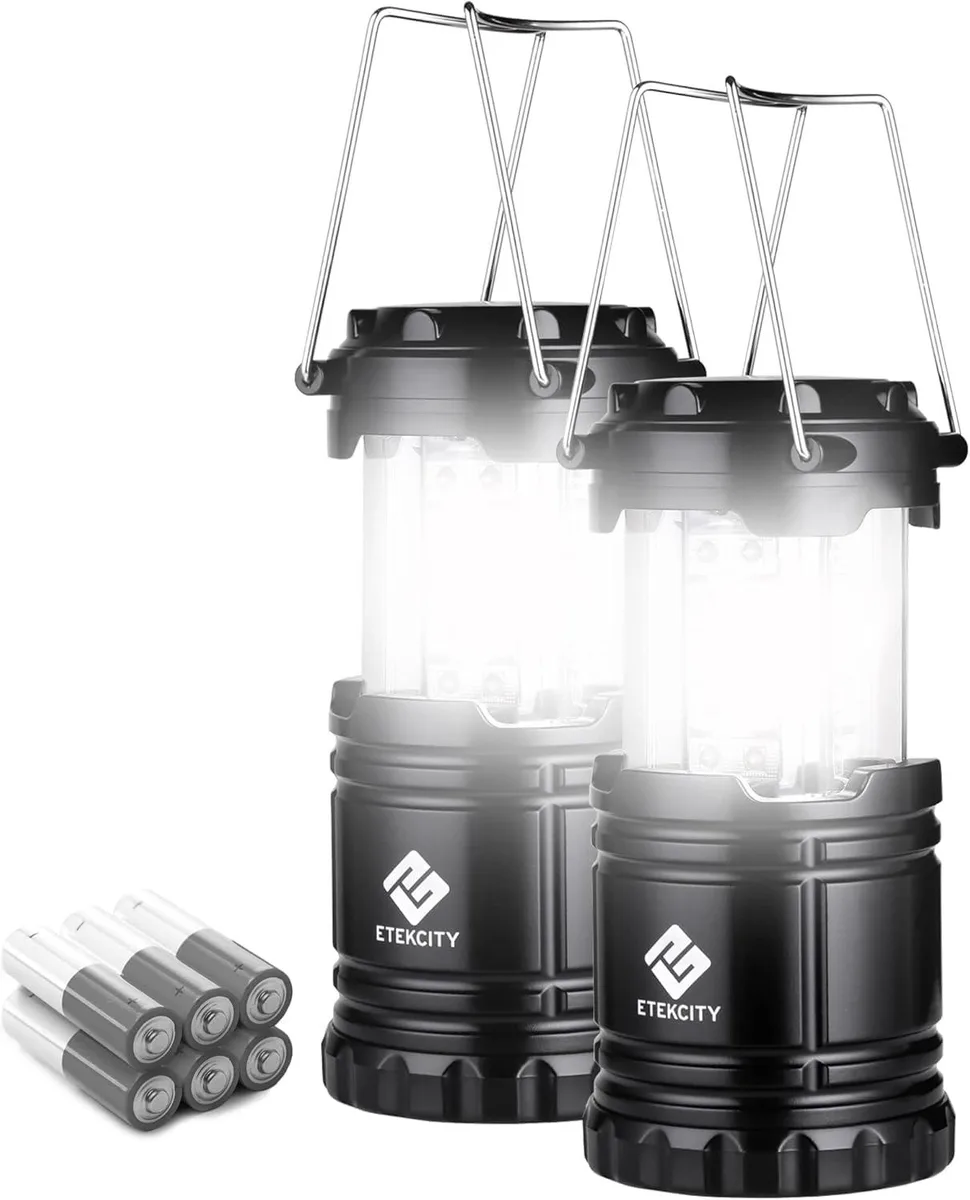 Two black collapsible LED lanterns with storage caps