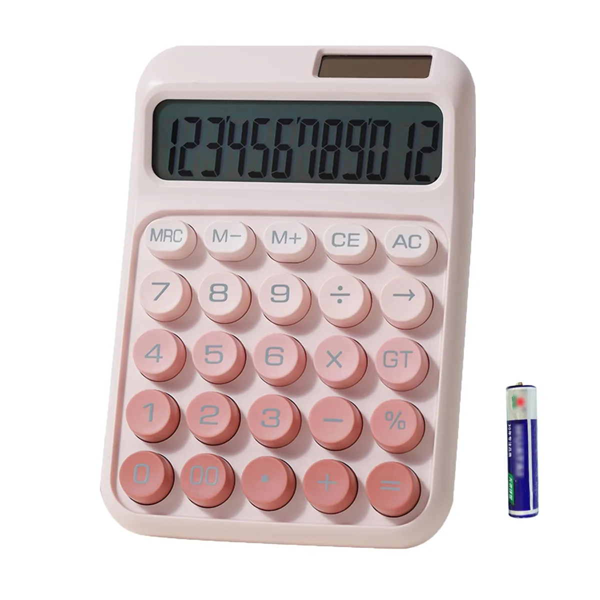 Pink desk calculator with 12-digit LCD display, big mechanical buttons, 15° tilted screen, anti-slip base, solar and battery power