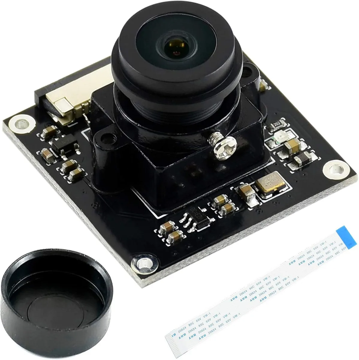 Small square camera module with wide-angle lens and four mounting holes