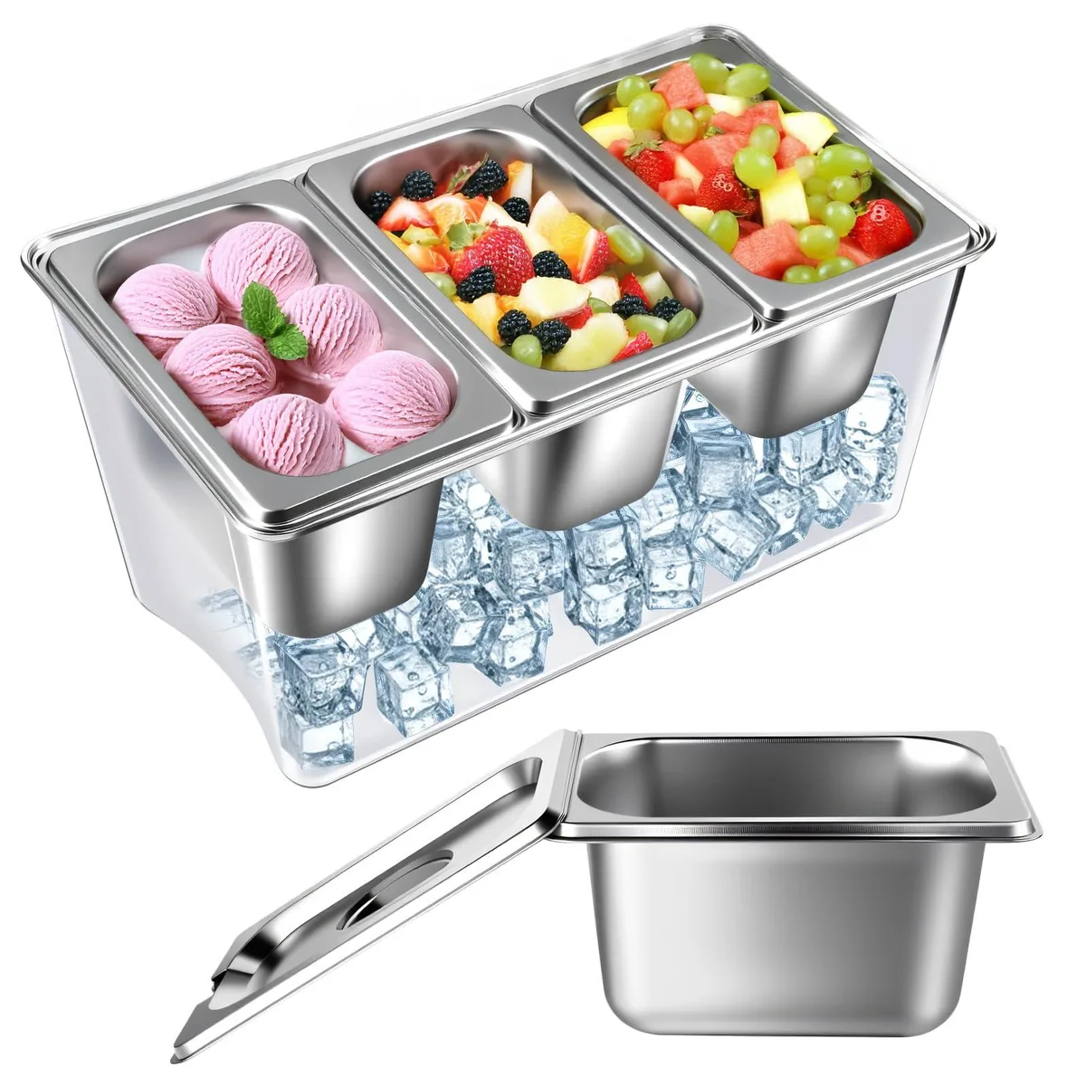DNBeffulgent DNBeffulgent 3-Compartment Ice Chilled Condiment Caddy 30.5 oz Stainless Steel — product photo