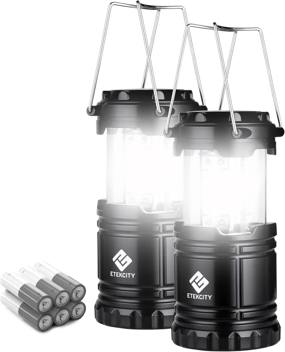 Two black collapsible LED lanterns with storage caps