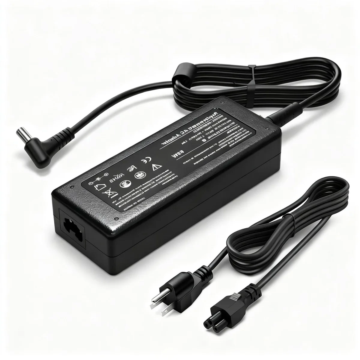 Black rectangular AC adapter with blue tip connector and coiled cable