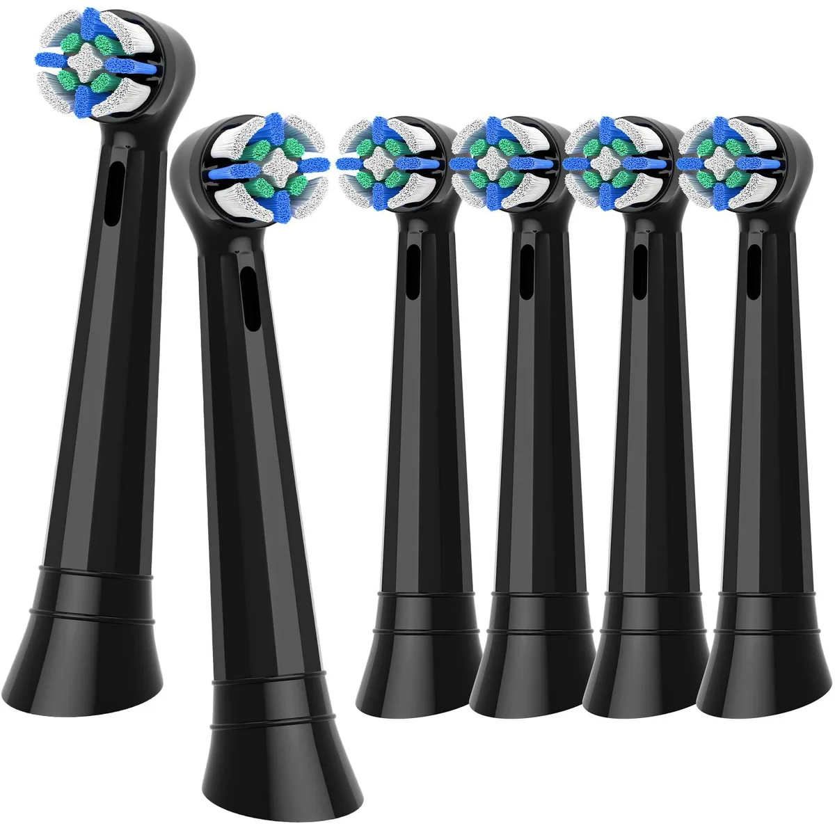 Six black electric toothbrush heads in a rectangular pack