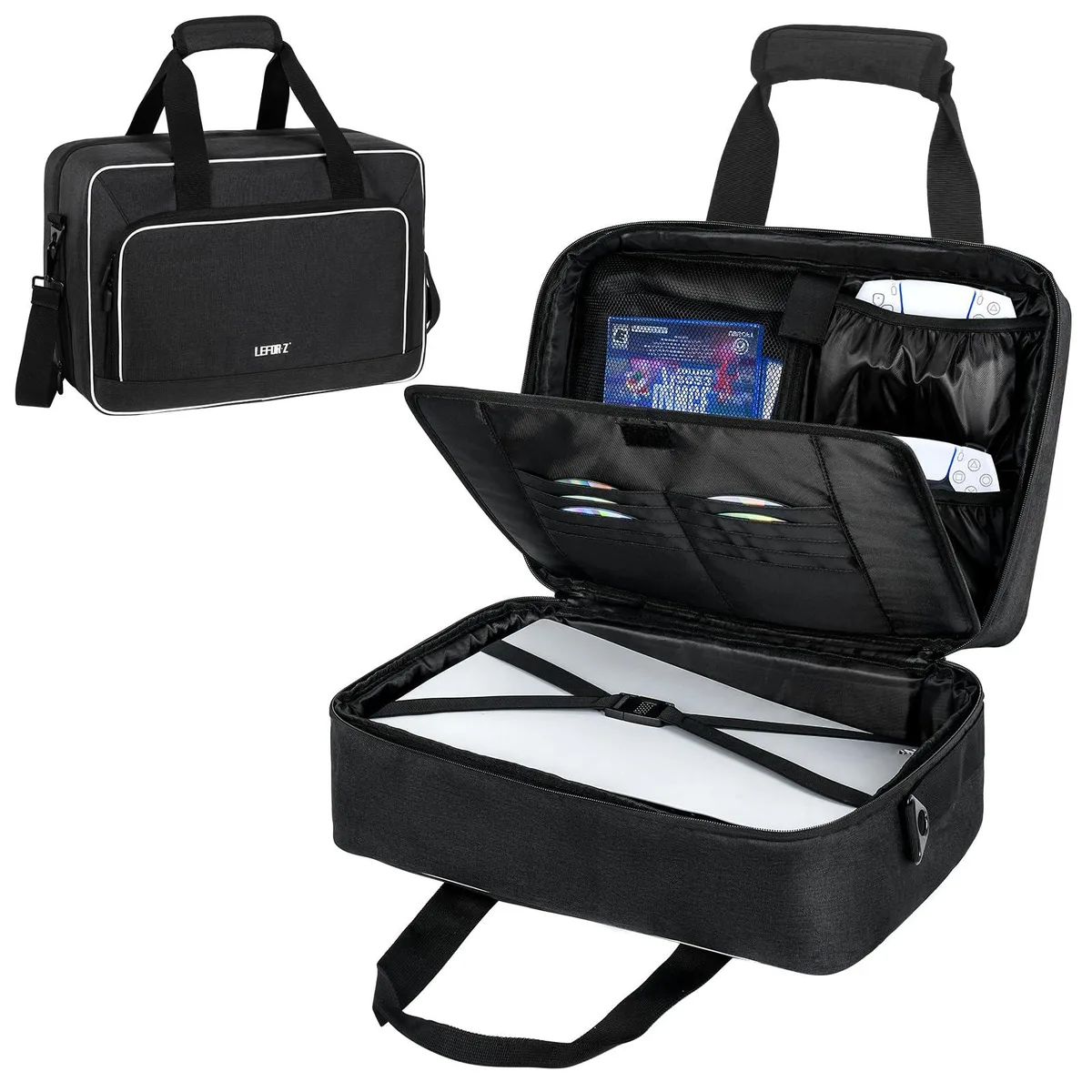 Black rectangular travel bag with padded handle, shoulder strap and trolley sleeve, 17 pockets, 43 x 19 x 30.5 cm