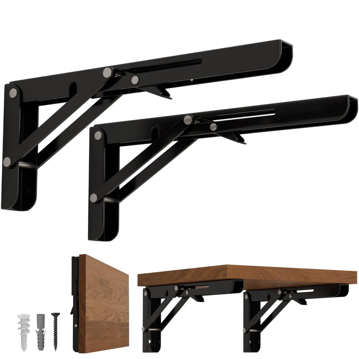 Two black folding steel shelf brackets with integrated hinge locks and mounting hardware