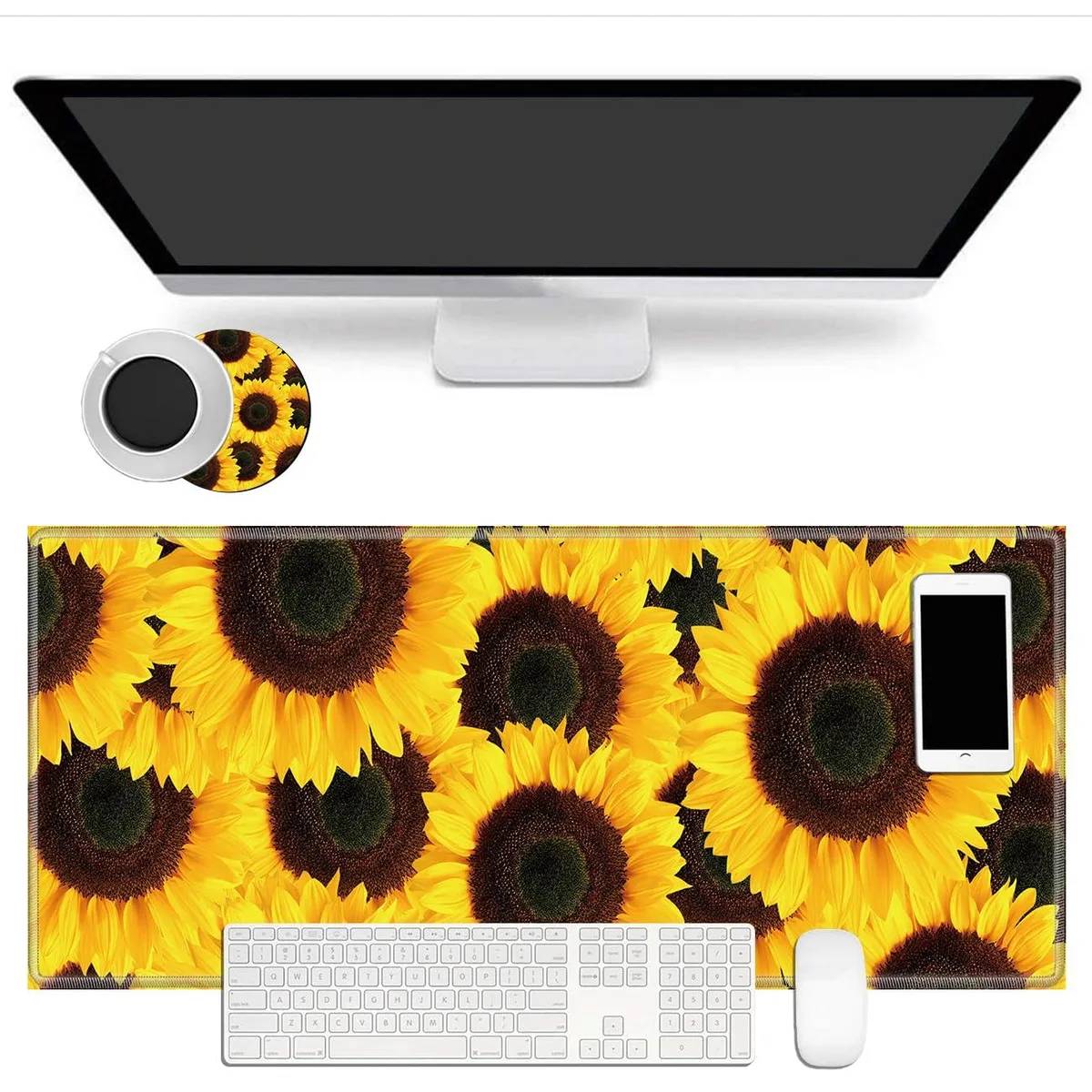  BWEGRHE Js-X-Deskmat-2 Extended Mouse Pad Yellow Sunflower 31.5×11.8 in + Coaster — product photo