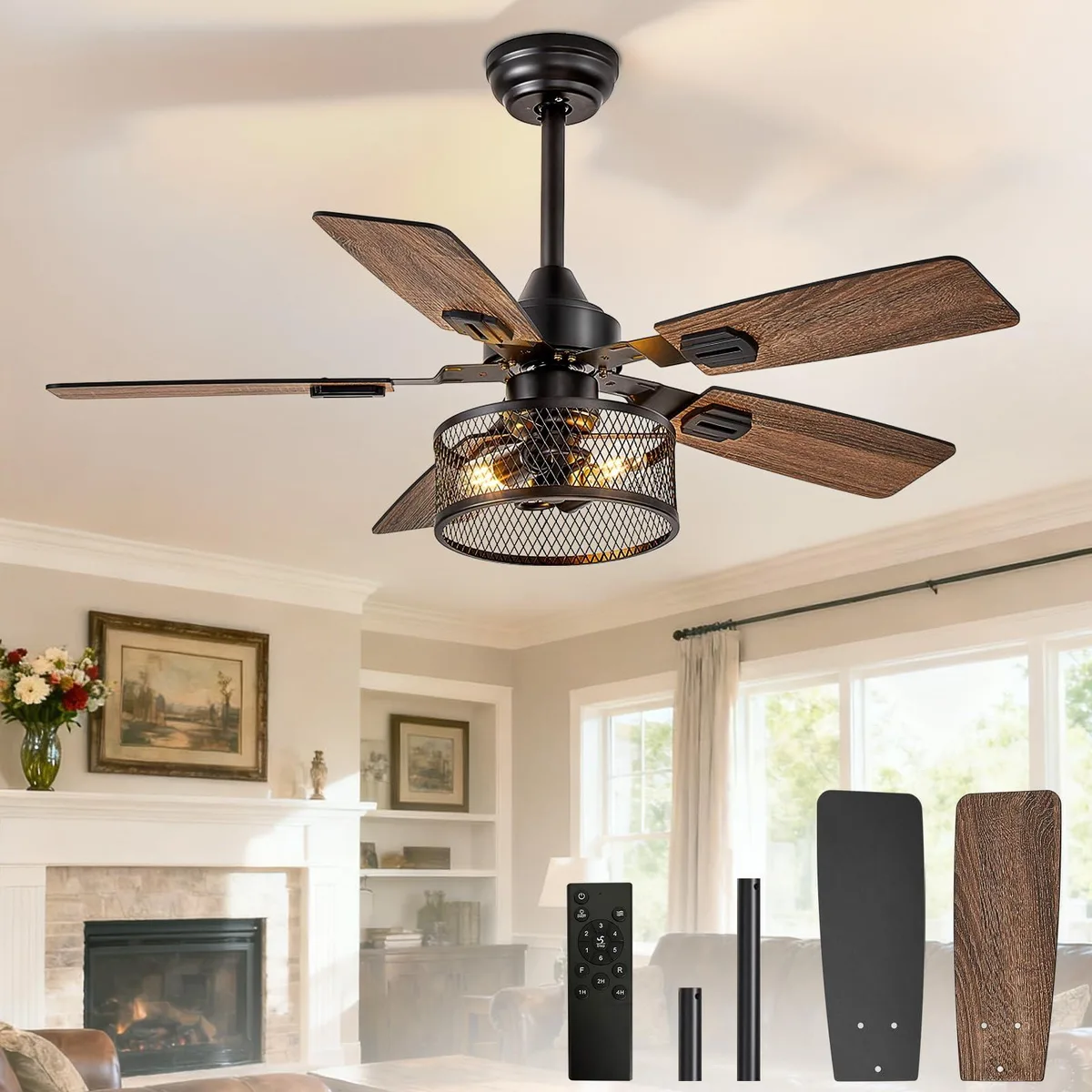 42-inch caged ceiling fan, black walnut finish, five blades, alabaster swirl glass, remote included