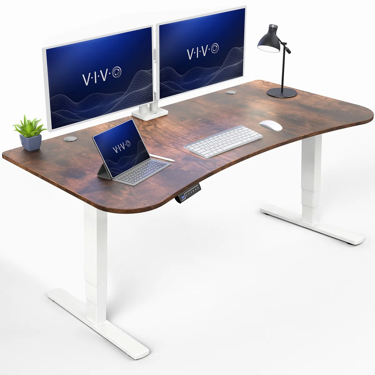 VIVO VIVO Vintage Brown / White Electric Standing Desk 63" office furniture — product photo