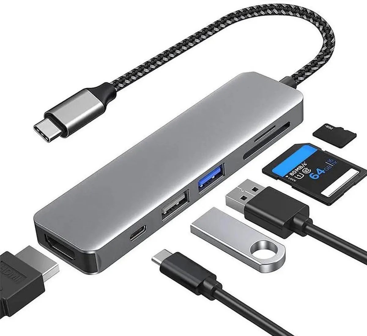 SMUGDESK SMUGDESK 6-in-1 USB-C Hub HDMI USB 3.0 USB 2.0 SD TF 100W PD Gray — product photo