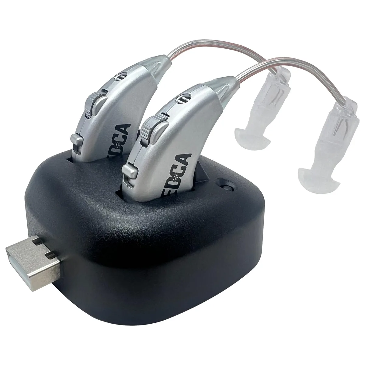 Pair of silver behind-the-ear hearing amplifiers with USB charging dock