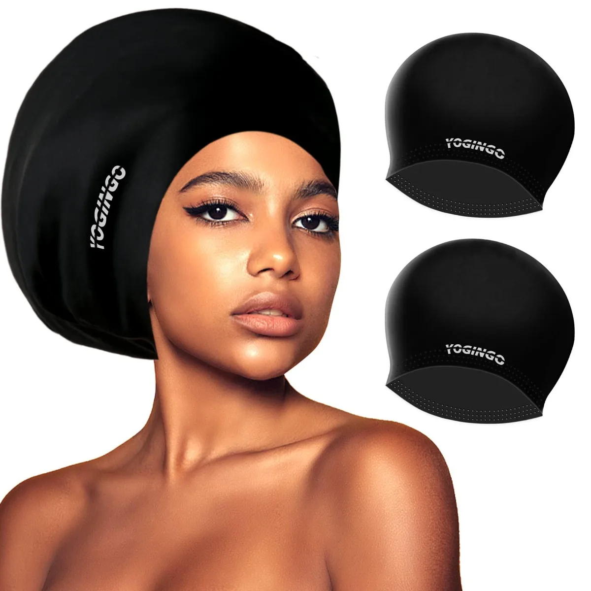 Two black extra-large silicone swim caps with anti-skid inner stripes