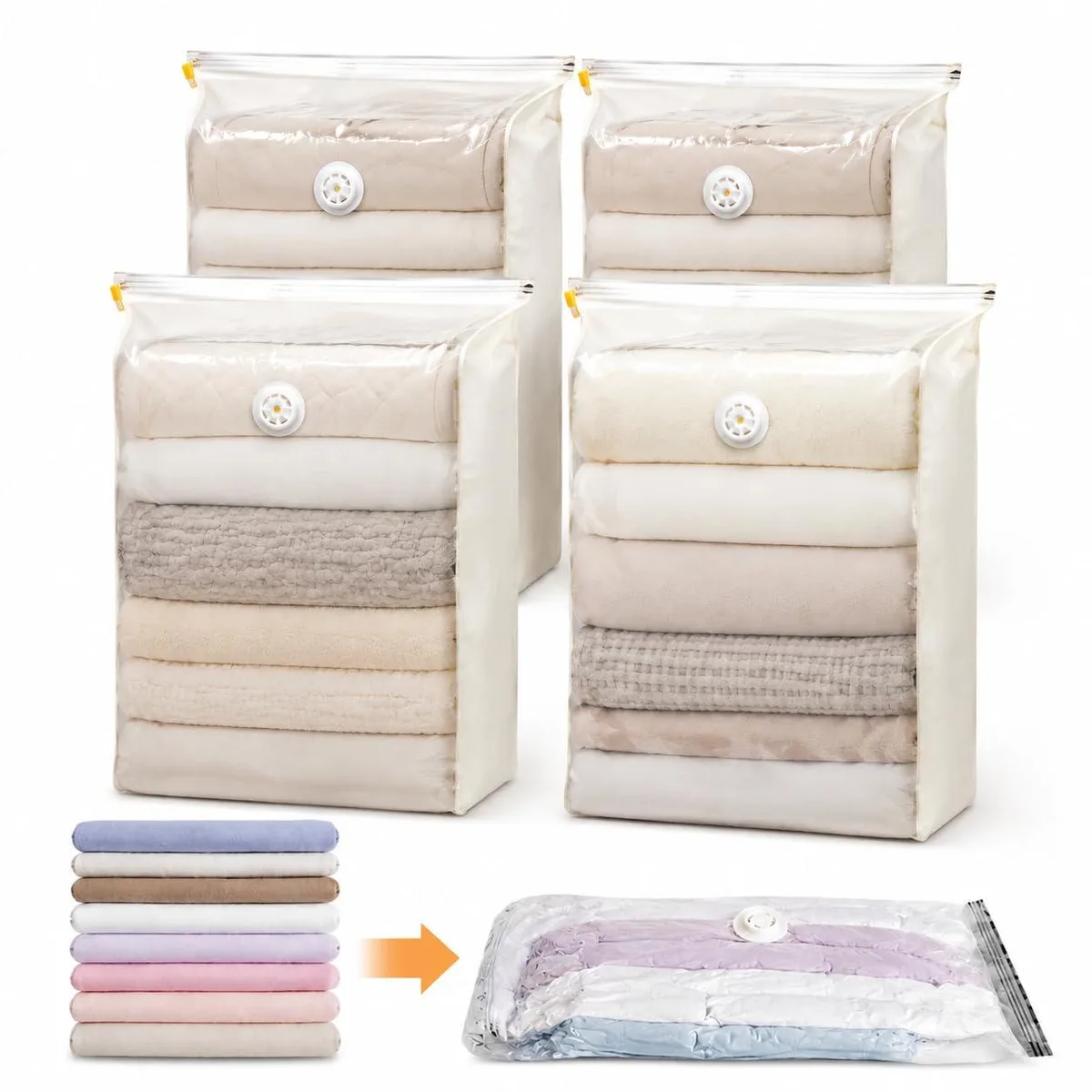 Four flat rectangular vacuum storage bags in clear plastic with self-venting valves and stay-on clips