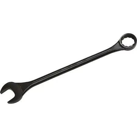 Large black oxide combination wrench, 12 point open and box ends, matte dark finish