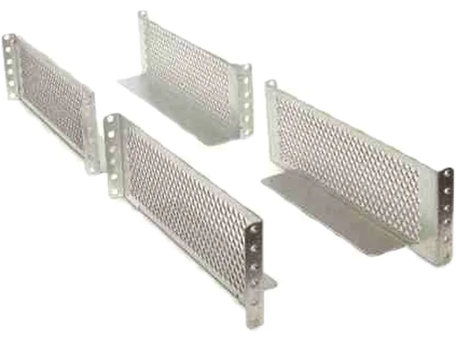 Silver metal mounting rail kit with brackets and hardware for 2-post rack installation