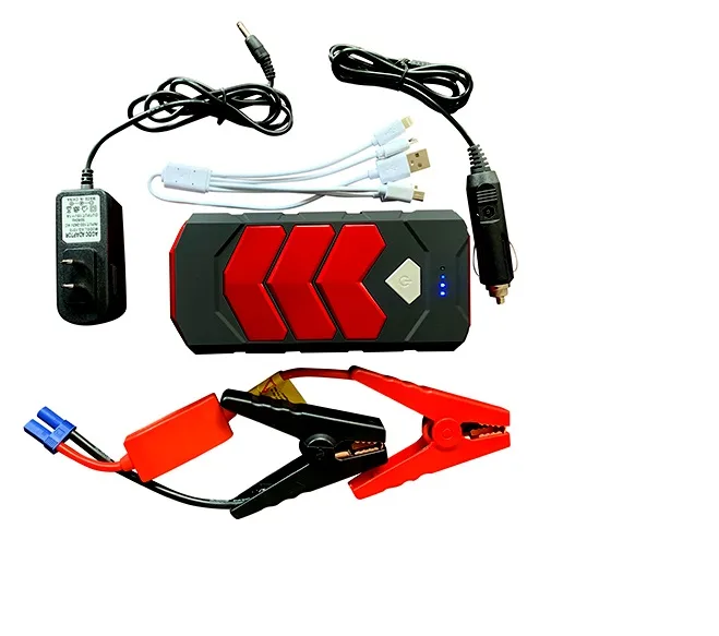 Compact black jump starter unit with attached alligator clamps and built-in LED light