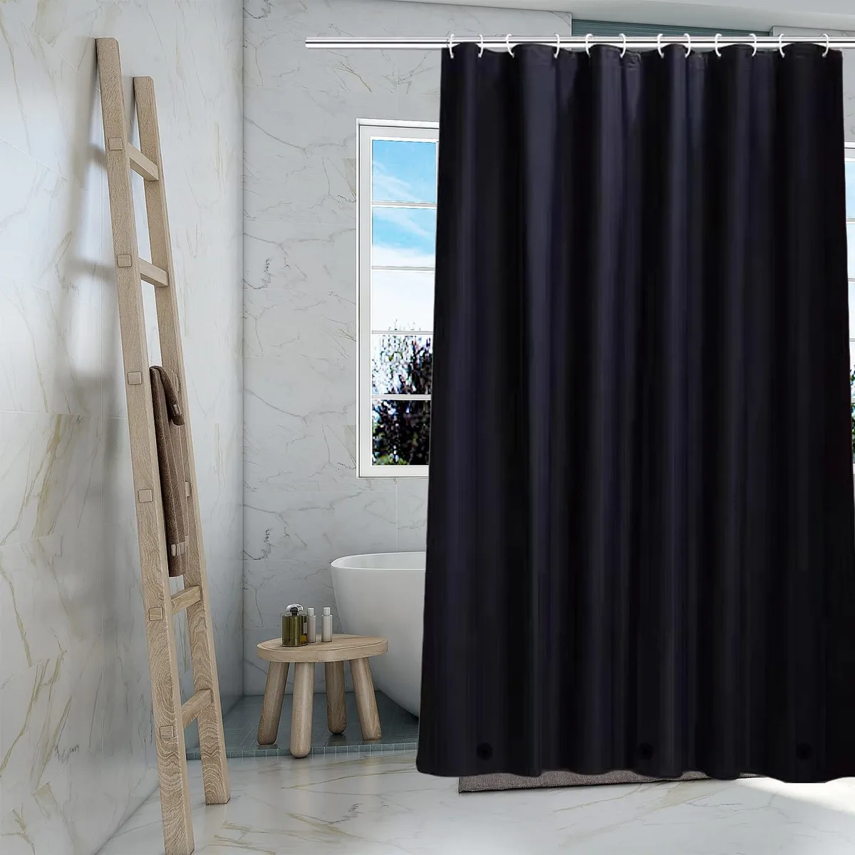 Black square PEVA shower curtain liner with metal grommets and three magnetic weights