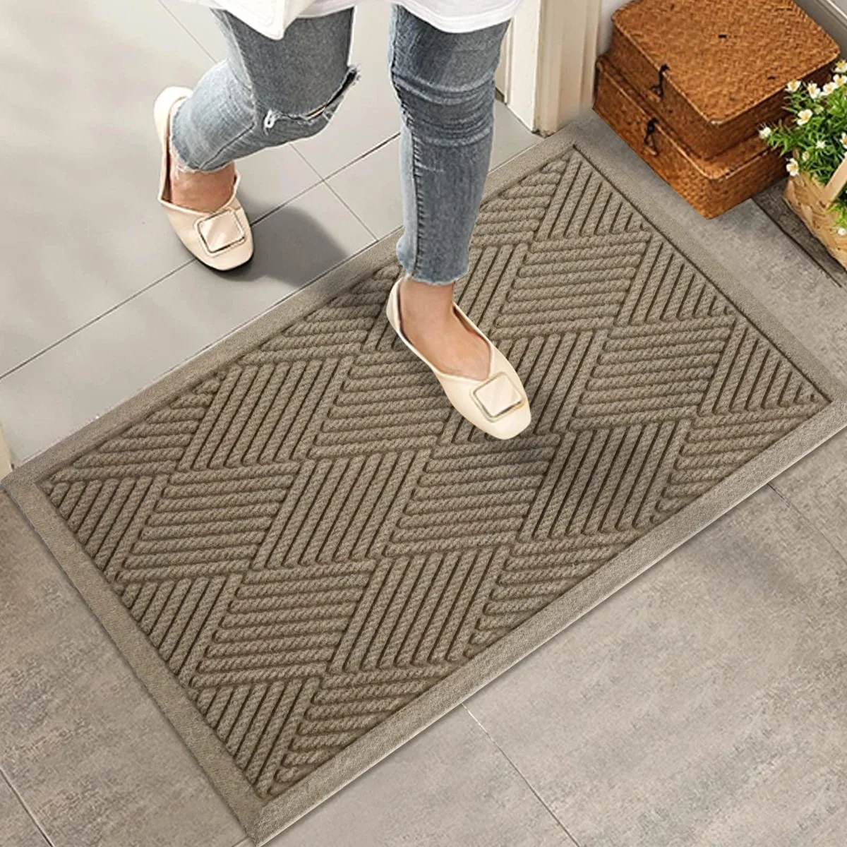 Beige low-profile door mat 30 by 17 inches with rubber backing