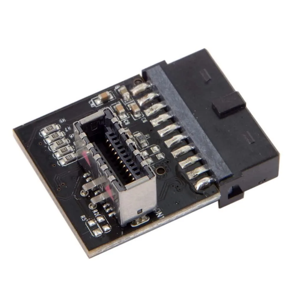 Small right-angle adapter, black PCB with 20-pin header and USB 3.1 Type-E socket