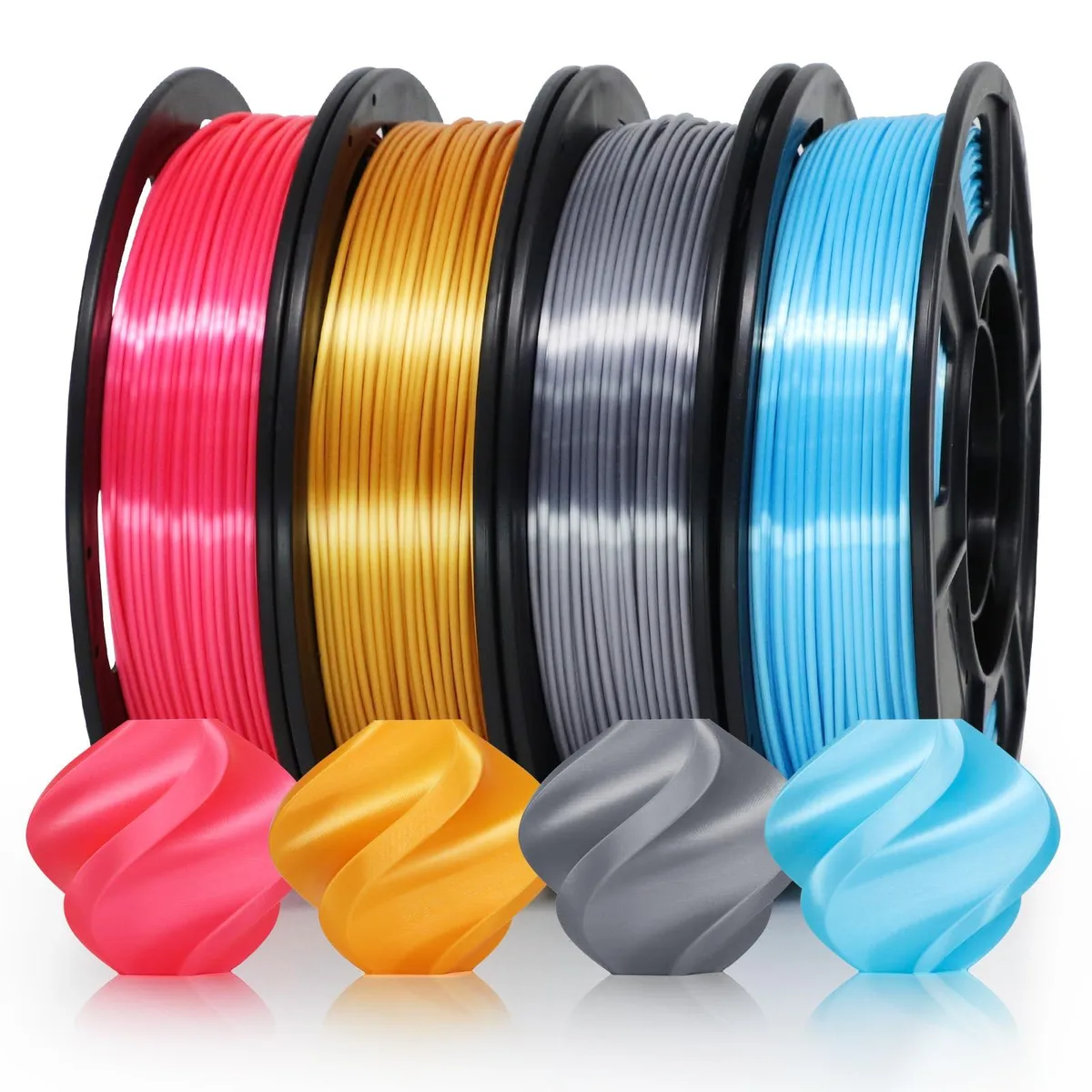 Four small spools of silk PLA filament in pink gold blue silver