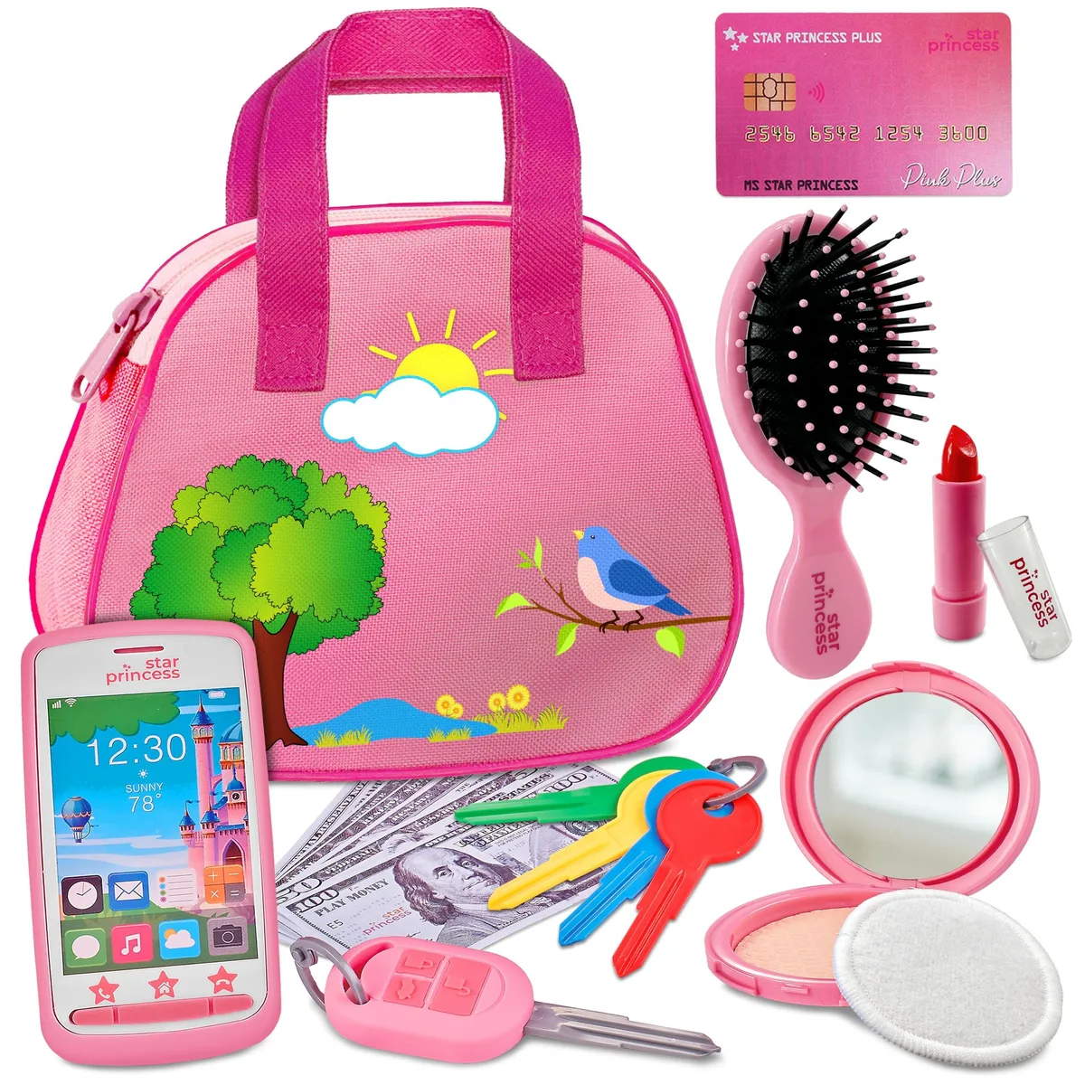 Pink fabric purse with zipper, play phone, keys, brush, pretend makeup and money inside