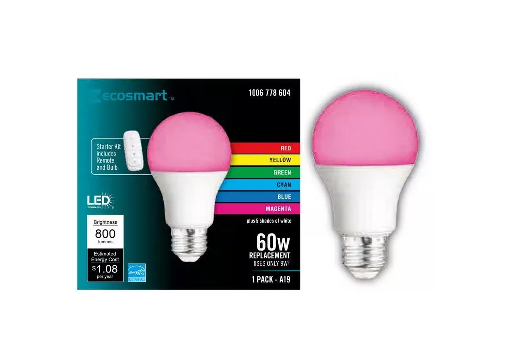 Ecosmart Ecosmart 60-Watt Equivalent A19 Color Changing LED Party Light Bulb Starter Kit with Remote (1-Pack) — product photo