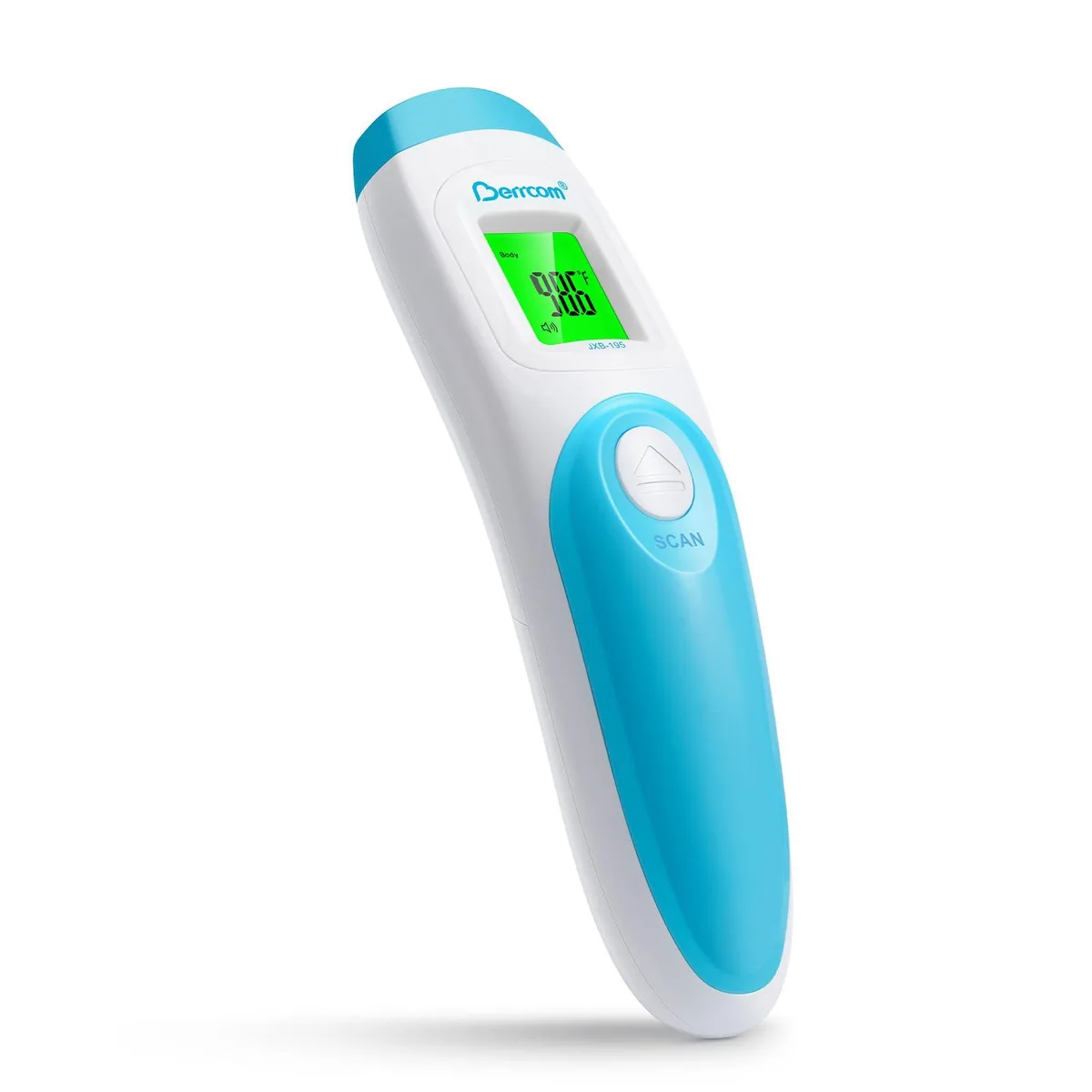 Blue handheld infrared thermometer with digital display and probe tip