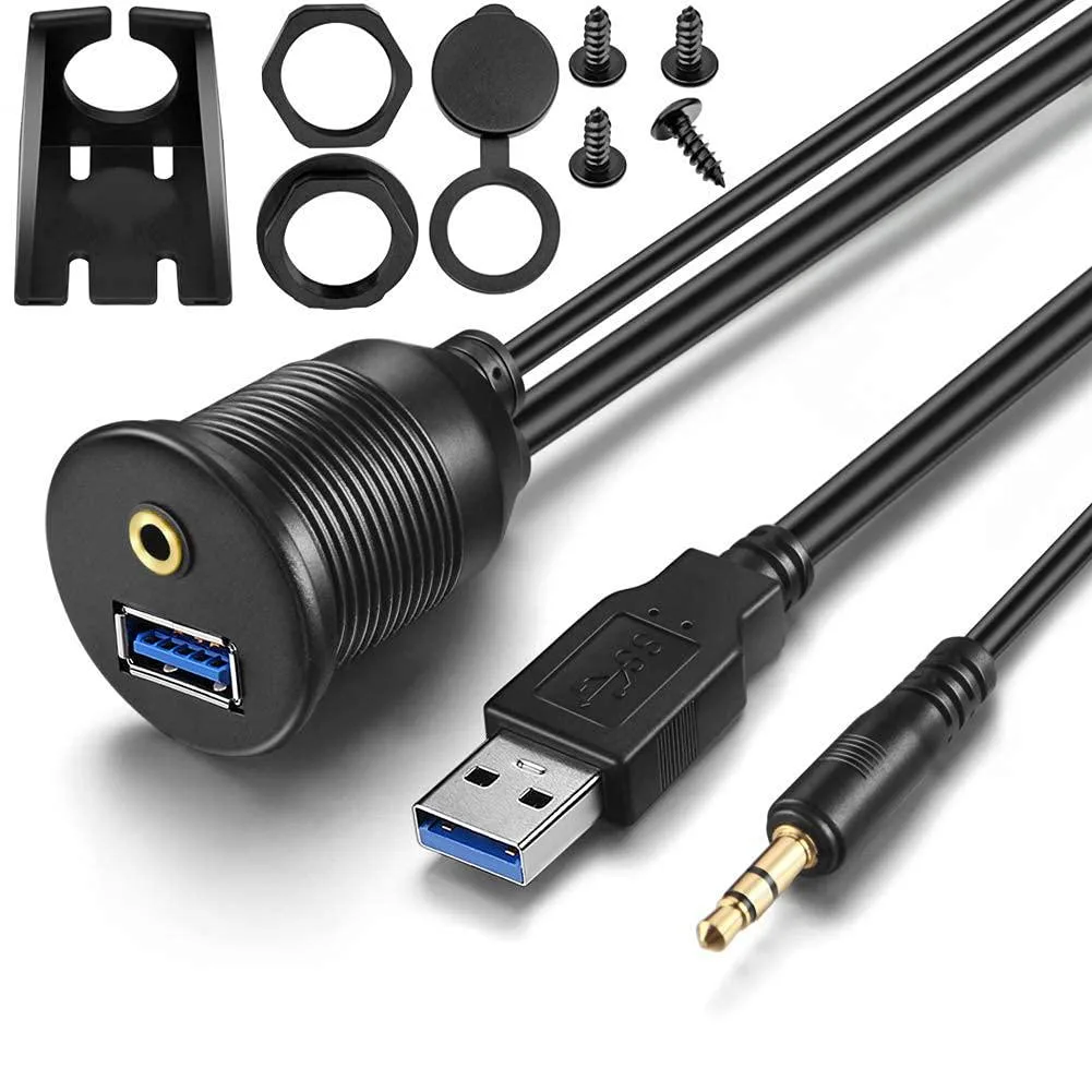 Gold flush-mount panel with 3.5mm and USB 3.0 ports, 3ft cable