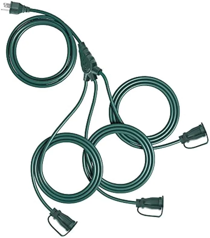 Green outdoor power splitter cable with three covered outlets along 12 ft length