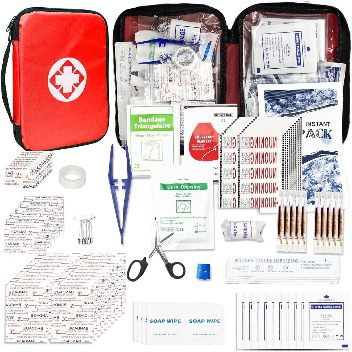 Red rectangular plastic first aid kit with zipper closure, compact portable size