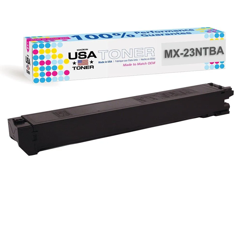 Black toner cartridge in a rectangular plastic housing with a green drum shutter and side handle