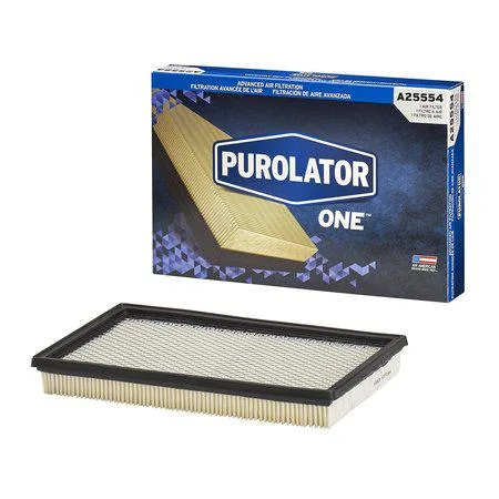 White rectangular pleated paper air filter with orange PurolatorONE branding