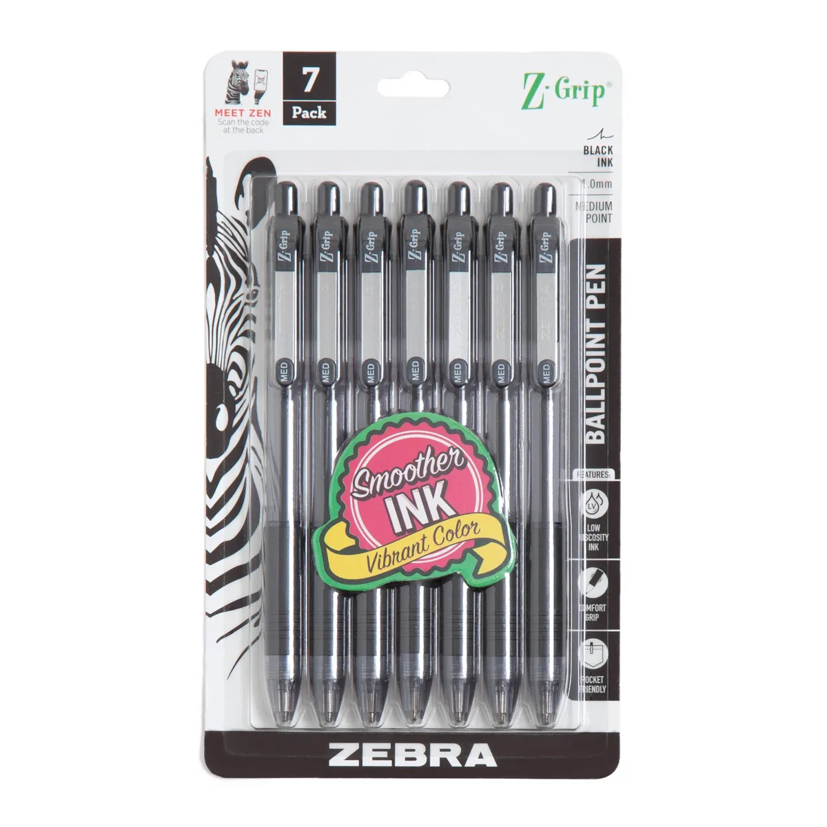 A clear plastic box holding seven black retractable ballpoint pens with silver clips and grey rubber grips