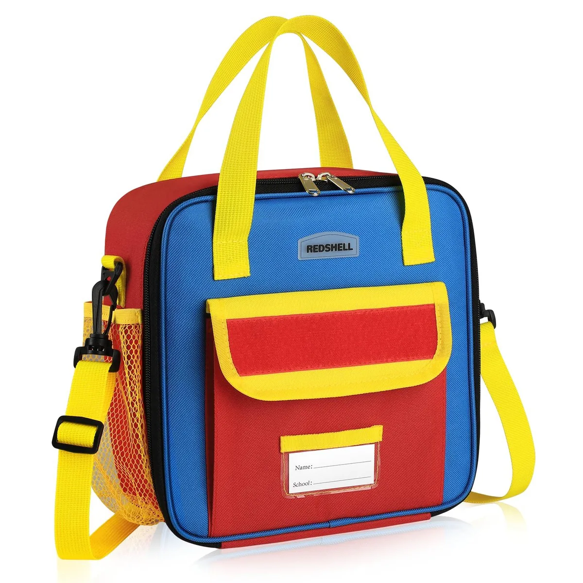 Red and blue insulated lunch bag, upright rectangular shape, Oxford fabric finish, adjustable shoulder strap and top handle