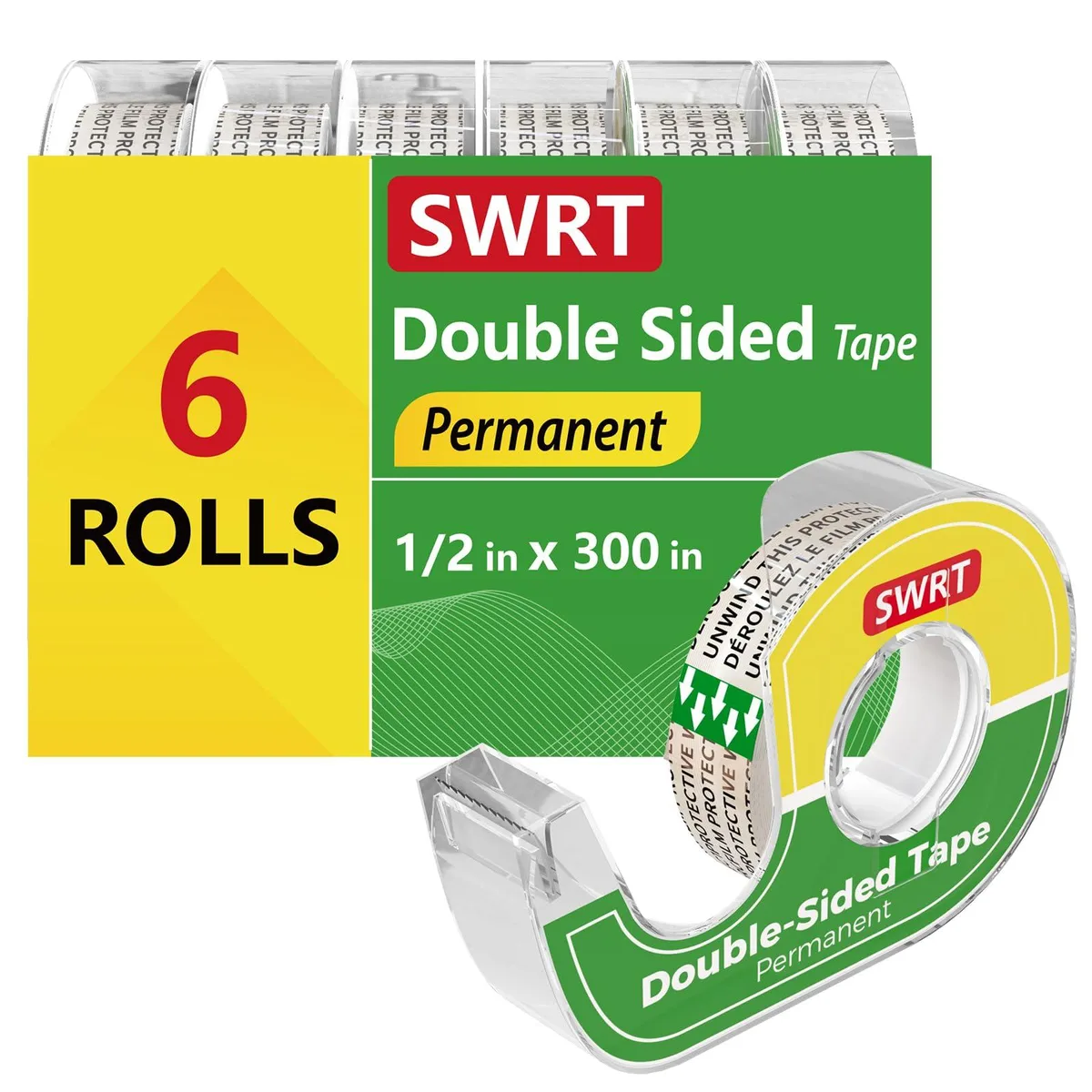  SWRT Double Sided Tape 6 Pack 1/2 in x 300 in Invisible UV with Dispenser — product photo