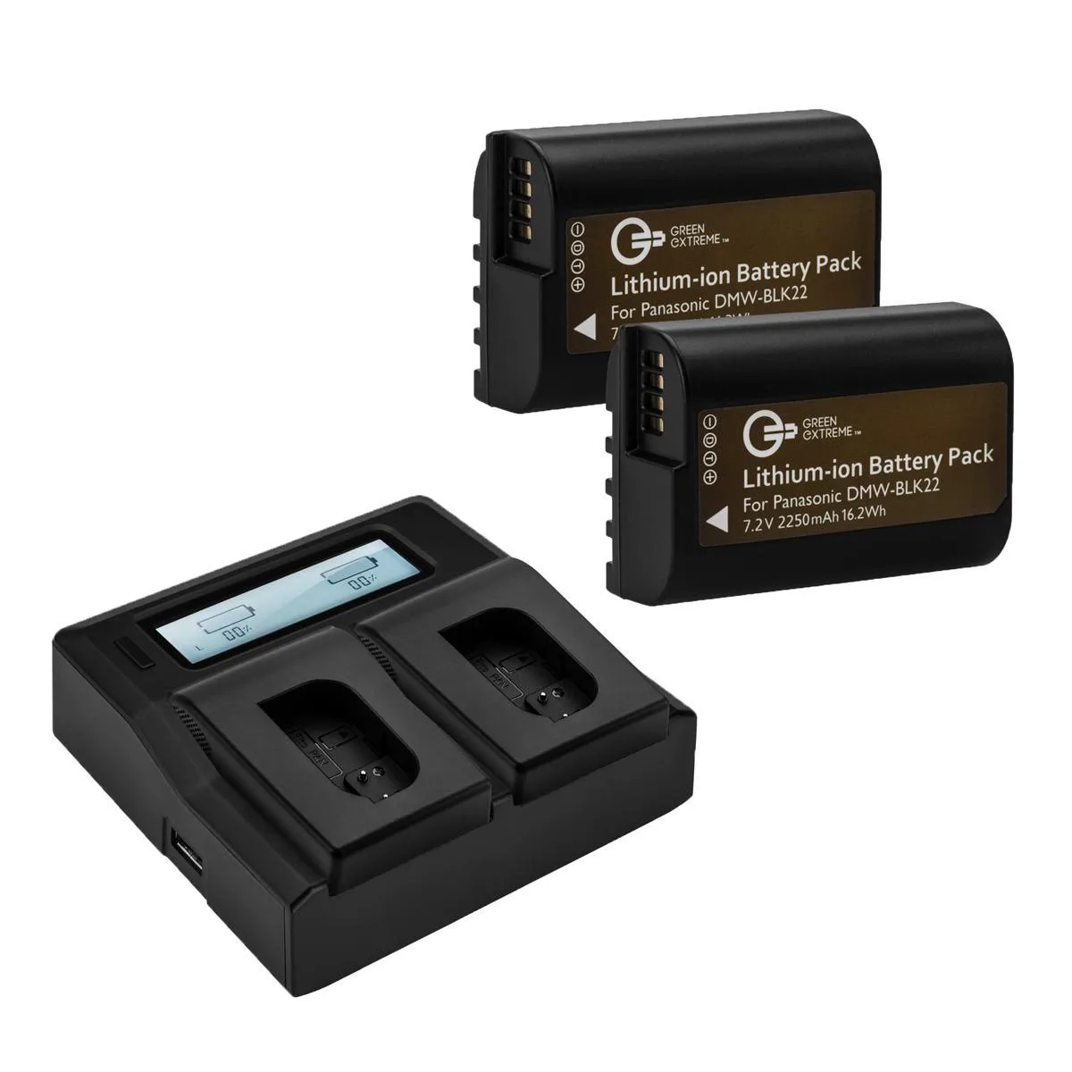 Green Extreme Battery Green Extreme DMW-BLK22 2 Pack Battery and Dual Charger Kit 7.2V 2250mAh — product photo