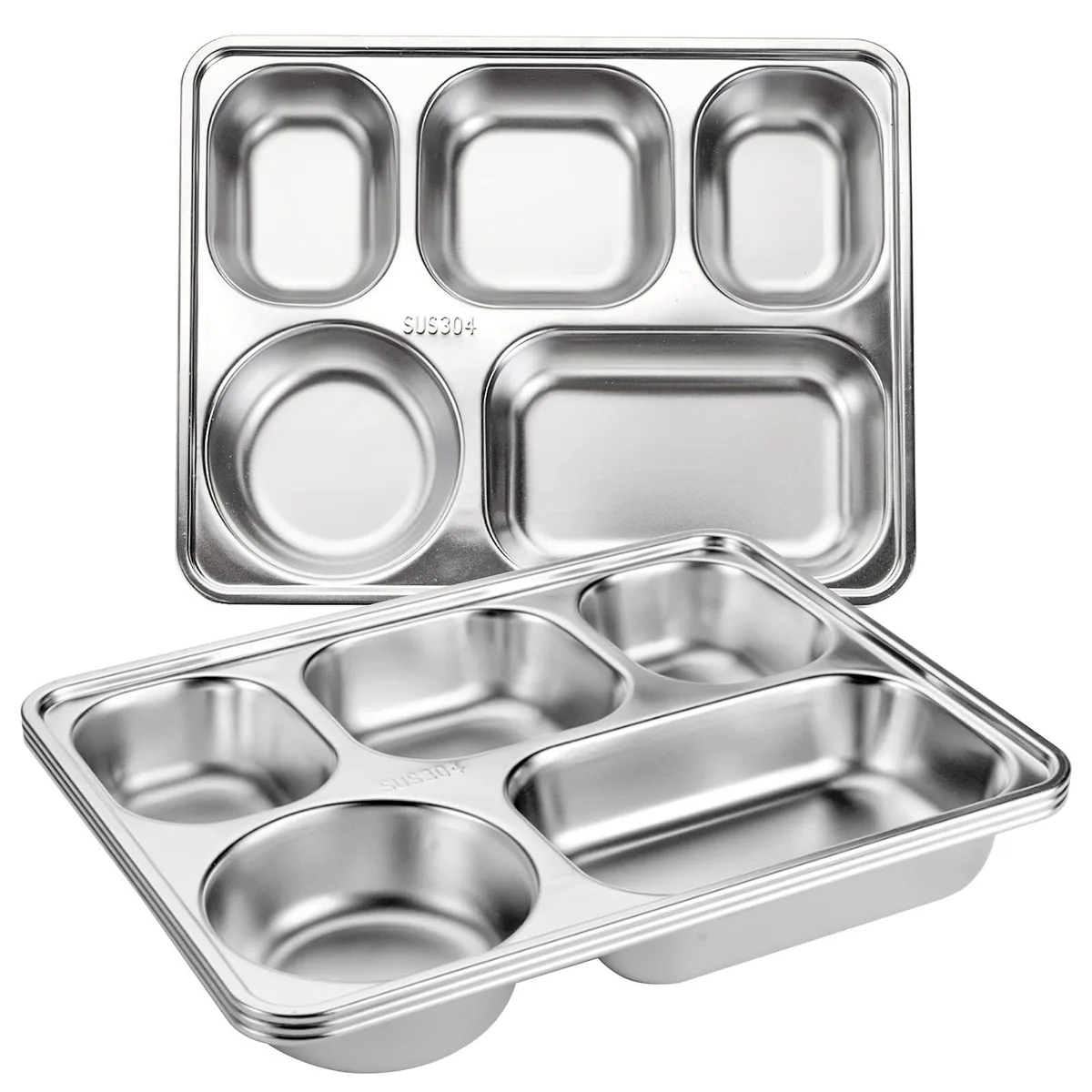 Three white rectangular plastic plates with silver rims and five compartments each