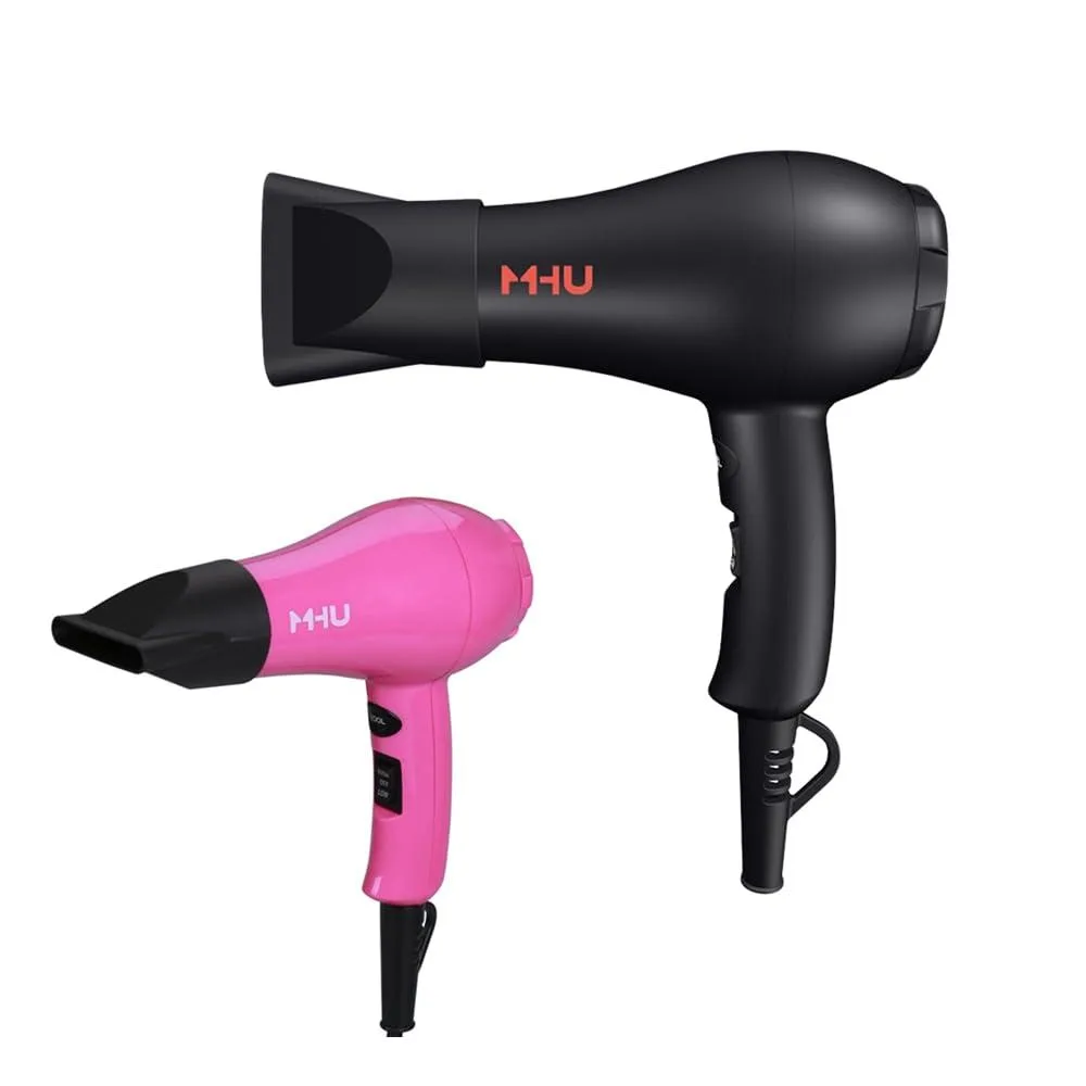 Compact black travel hair dryer with smooth curves and concentrator nozzle